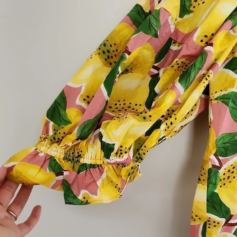 Farm Rio Fresh Lemons Puff Sleeves Shirt Womens Small Yellow Tropical Boho NWT